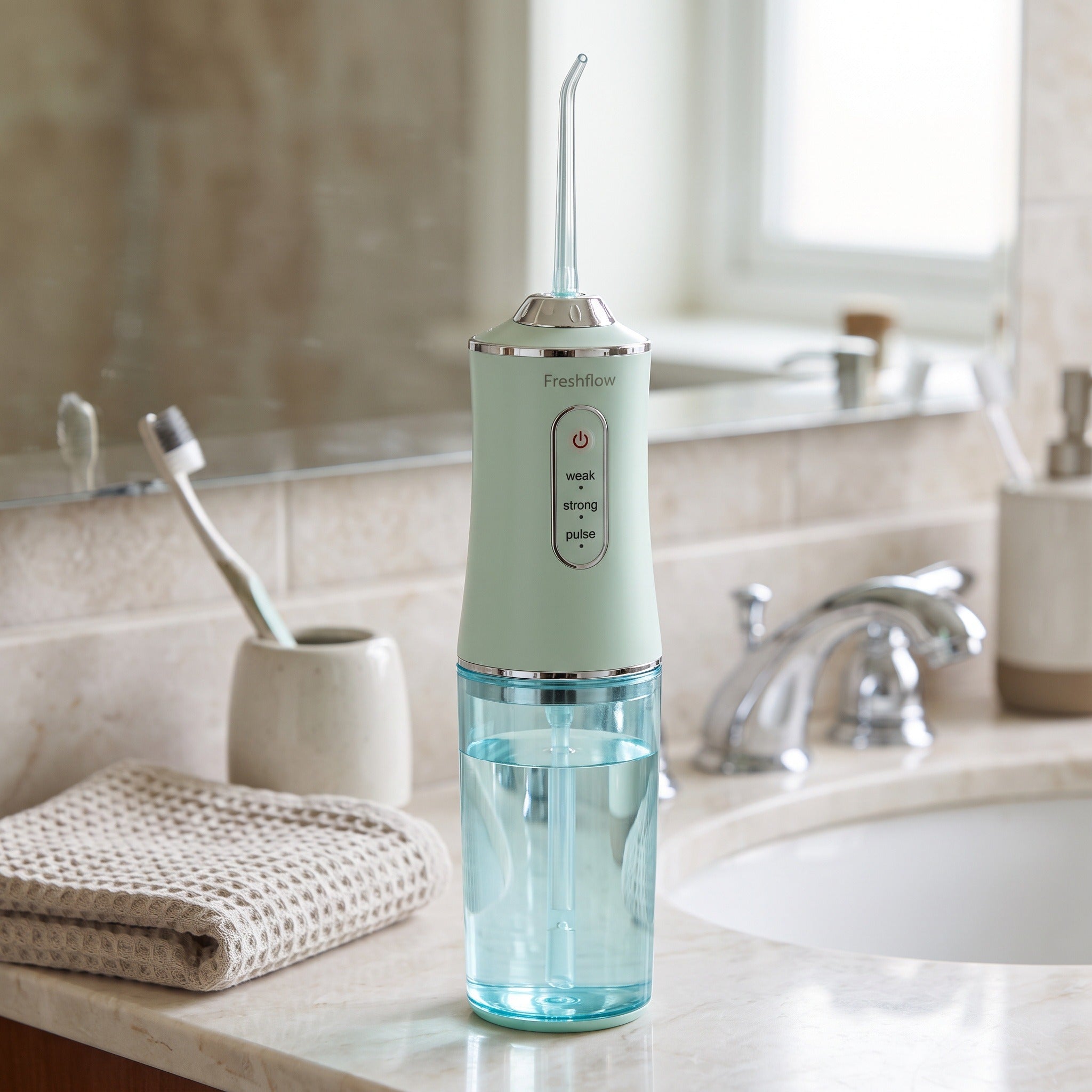 Mint Freshflow beside a morning bathroom basin