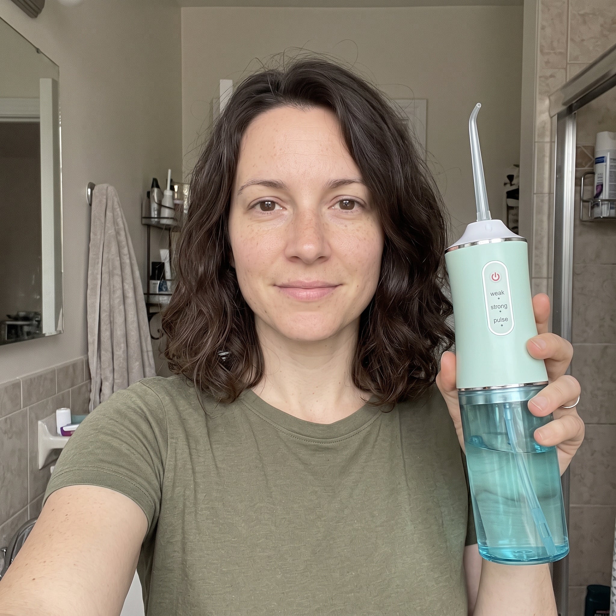 Emma with Mint Freshflow in her bathroom