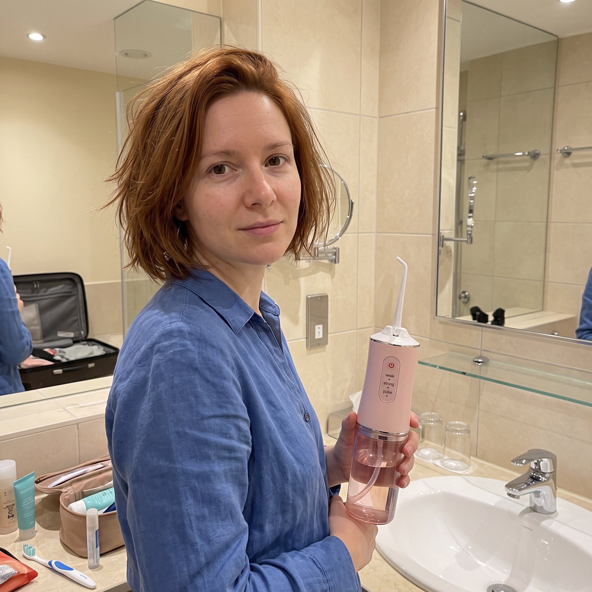 Pink Freshflow beside a hotel bathroom mirror
