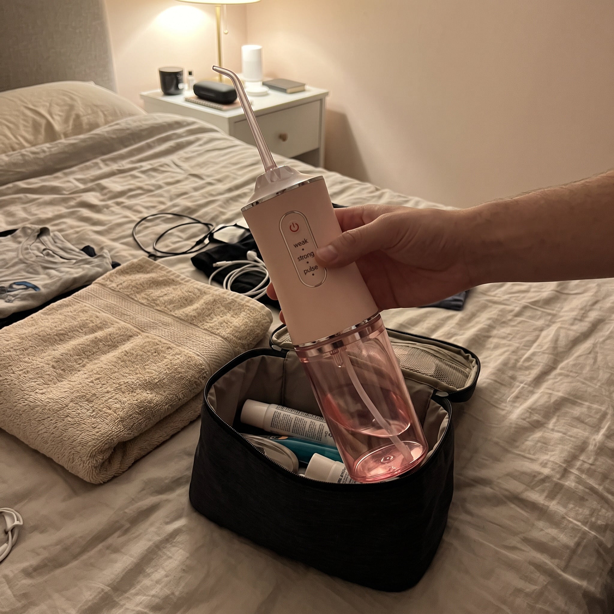 Pink Freshflow packed into a travel bag